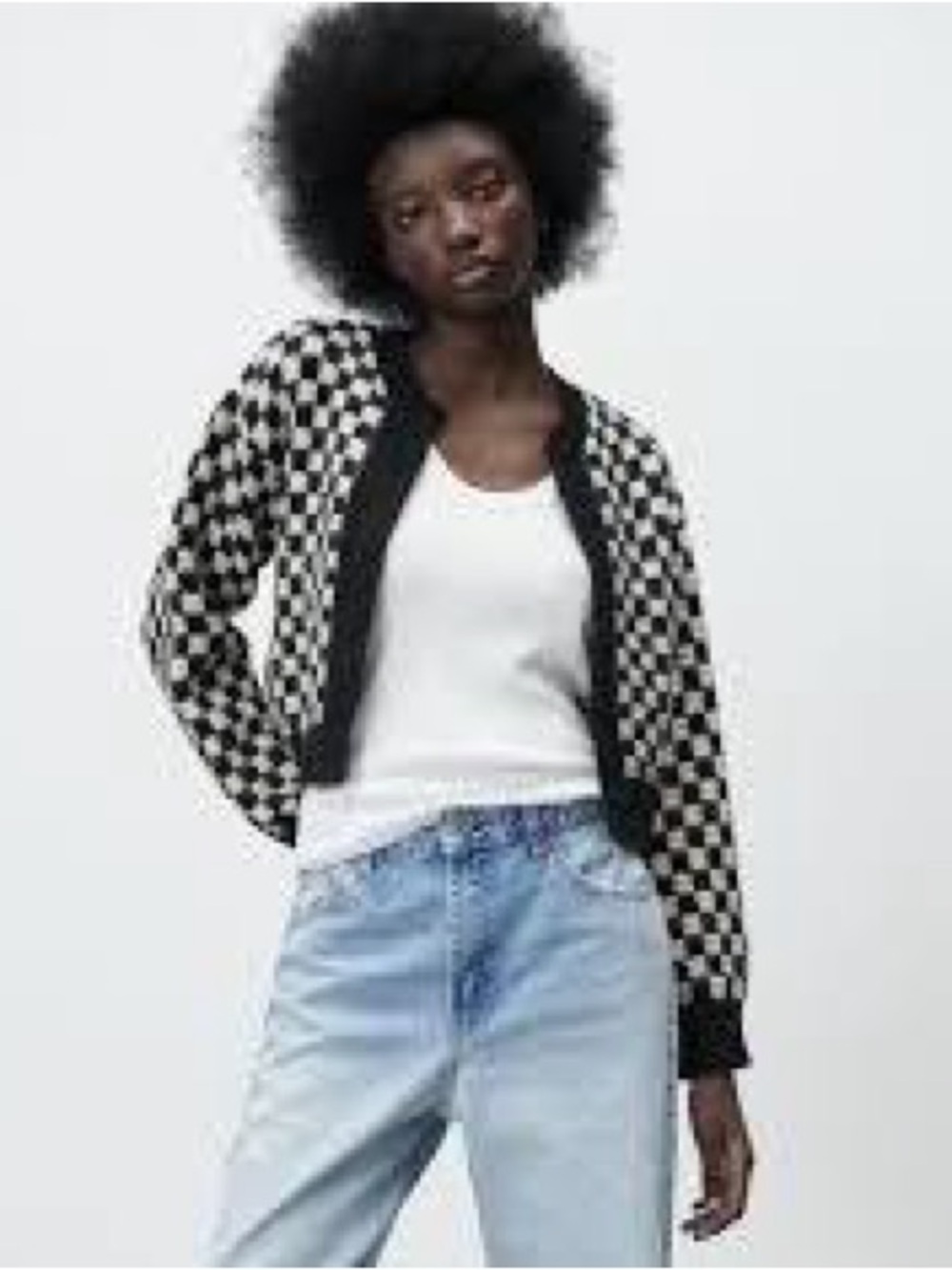 Checkerboard Knit Cardigan Jacket - Black & White